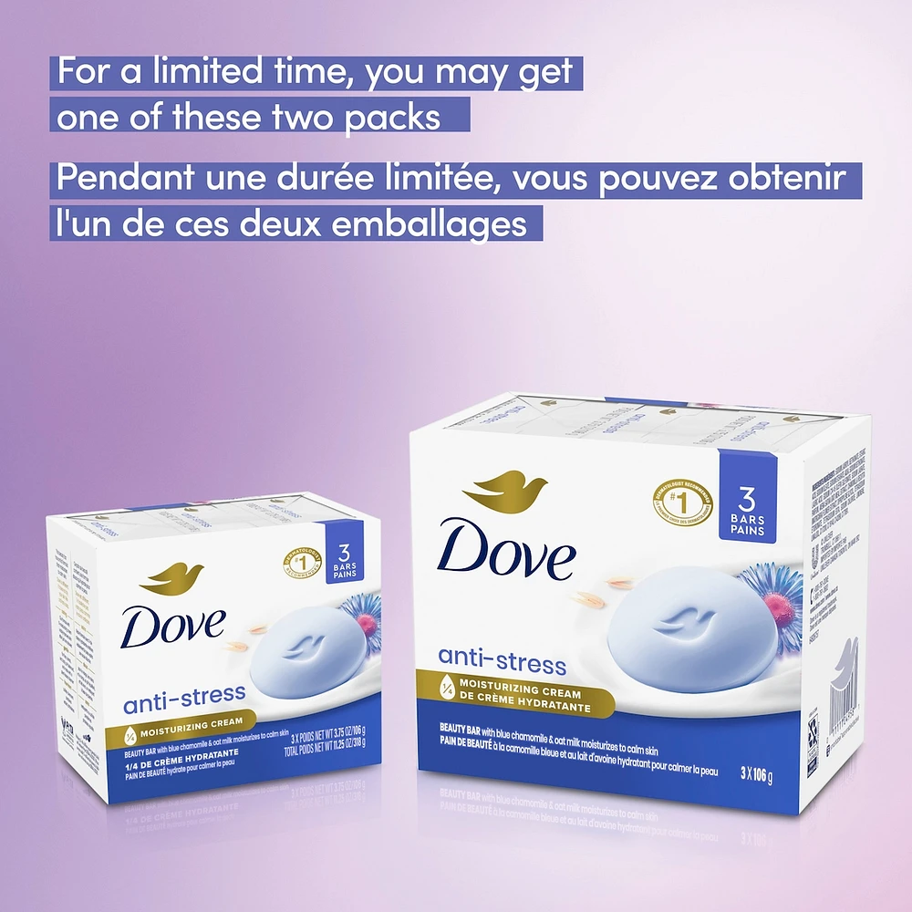 Pain de Beauté Nettoyant Doux hydrate pour calmer la peau Dove  pain crémeux anti-stress pain de savon doux avec 1/4 de crème hydratante 3 unités