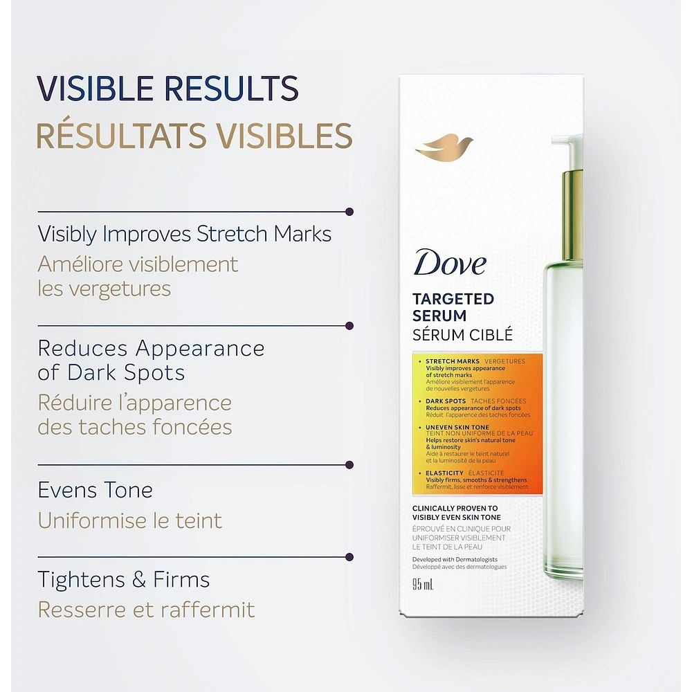Dove  Targeted Serum Multipurpose for Stretch Marks, Dark Spots, Uneven Skin with Tone Balance Complex, Niacinamide, Collagen Peptides and Natural Moisturizing Factors,   95mL