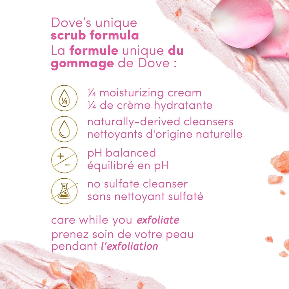 Dove  Body Scrub for Visibly Silky-Smooth, Nourished Skin, Himalayan Salt & Rose Oil with ¼ Moisturizing Cream, 425g