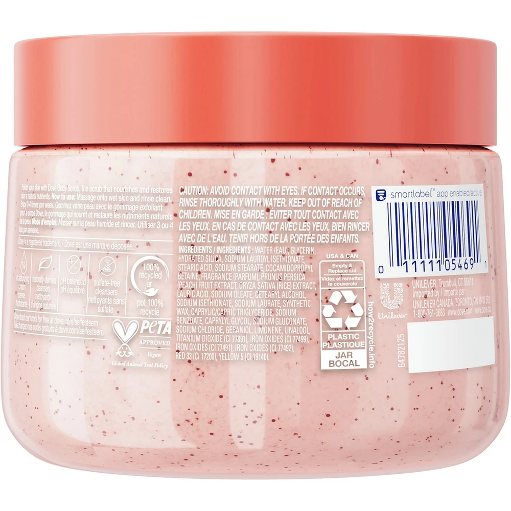 Dove  Body Scrub for Visibly Silky-Smooth, Nourished Skin, White Peach & Crushed Rice with ¼ Moisturizing Cream, 425g