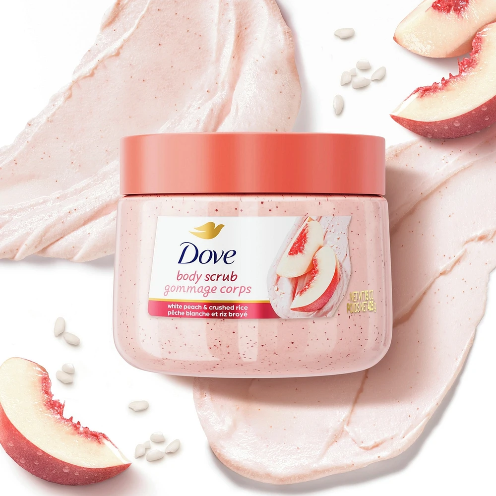 Dove  Body Scrub for Visibly Silky-Smooth, Nourished Skin, White Peach & Crushed Rice with ¼ Moisturizing Cream, 425g