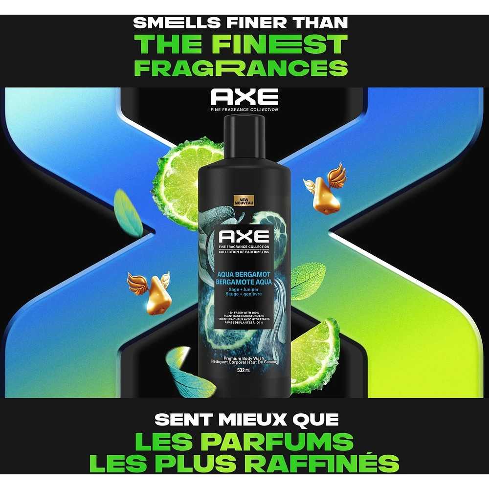 AXE Fine Fragrance Collection Body Wash For Men 12h Refreshing Scent Shower Gel Aqua Bergamot Infused with Bergamot, Sage, and Juniper Essential Oils, 532mL