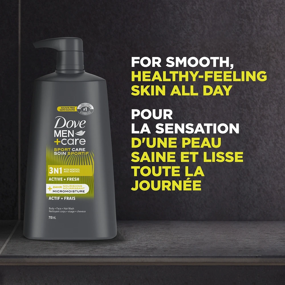 Dove Men+Care Re-energizing Active + Fresh 3N1 Body, Hair and Face Wash with 24-Hour Nourishing Micromoisture Technology Body Wash for Men   710 ml