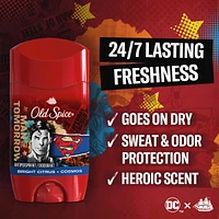 Antisudorifique et désodorisant pour hommes, fraîcheur 24heures sur 24, 7jours sur 7, protection longue durée contre la transpiration et les odeurs, sentez comme un héros, Superman, parfum Agrumes vifs et cosmos, 73g