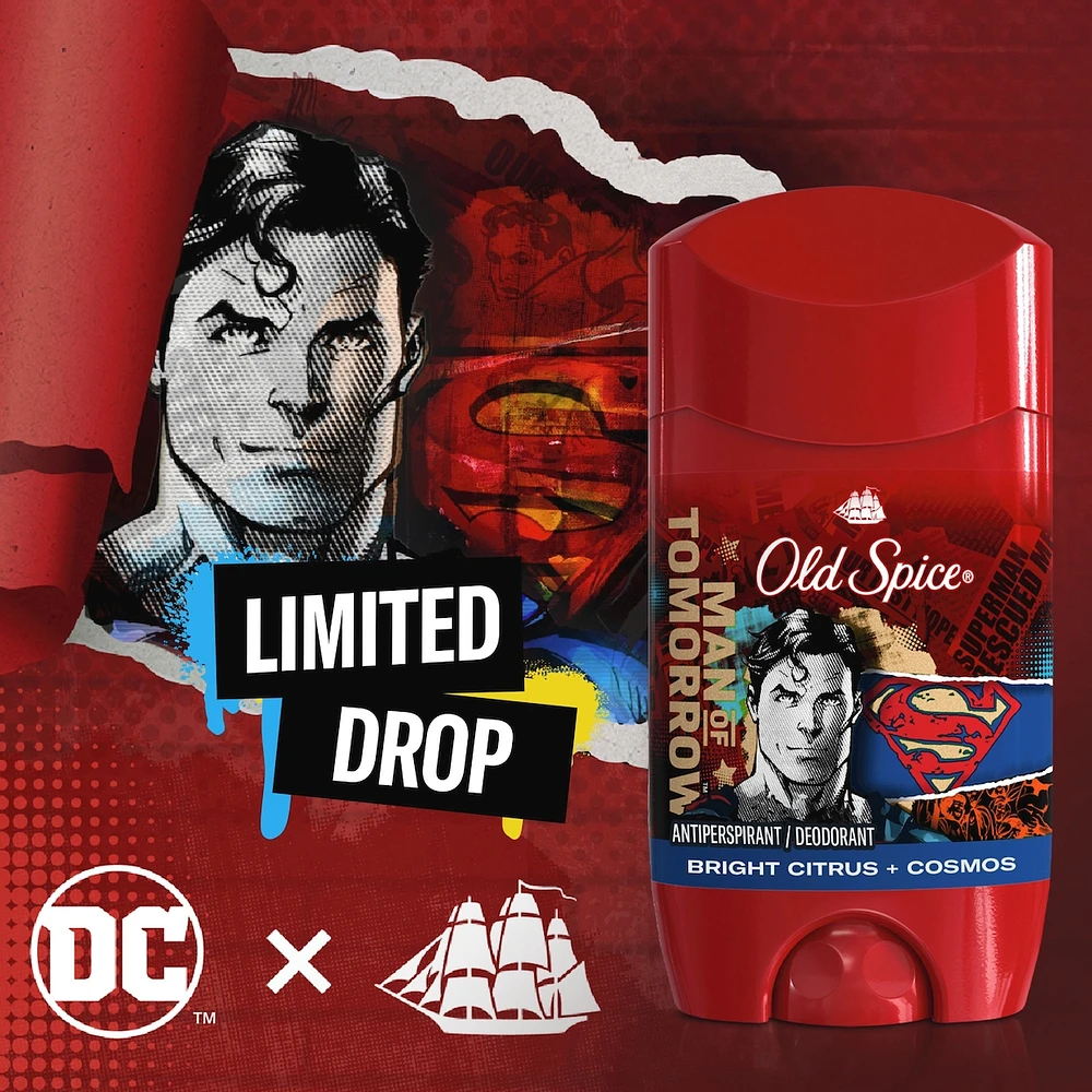 Antisudorifique et désodorisant pour hommes, fraîcheur 24heures sur 24, 7jours sur 7, protection longue durée contre la transpiration et les odeurs, sentez comme un héros, Superman, parfum Agrumes vifs et cosmos, 73g
