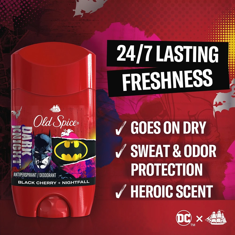 Antisudorifique et désodorisant pour hommes, fraîcheur 24heures sur 24, 7jours sur 7, protection longue durée contre la transpiration et les odeurs, sentez comme un héros, Batman, parfum Cerise noire et crépuscule, 73g