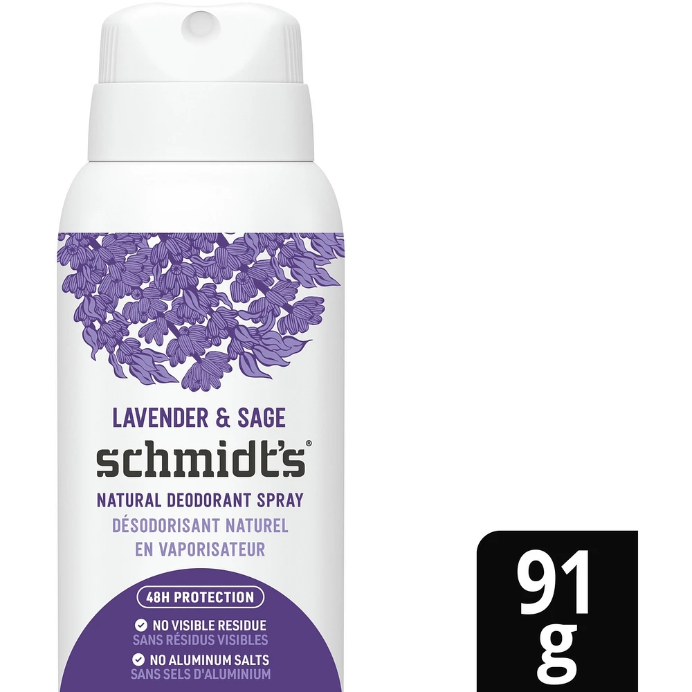 Schmidt's  Natural Deodorant Spray for women and men, Lavender & Sage with 48H odour protection, no aluminum salts, no white marks, cruelty-free, vegan deodorant 91 g