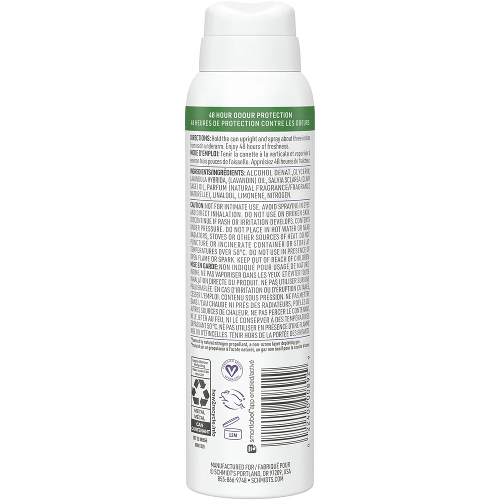 Schmidt's  Natural Deodorant Spray for women and men, Lavender & Sage with 48H odour protection, no aluminum salts, no white marks, cruelty-free, vegan deodorant 91 g