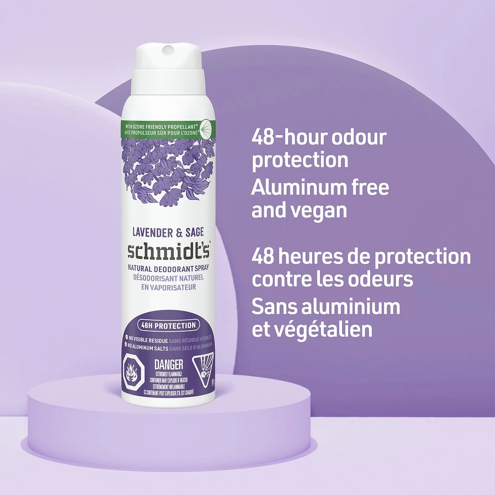 Schmidt's  Natural Deodorant Spray for women and men, Lavender & Sage with 48H odour protection, no aluminum salts, no white marks, cruelty-free, vegan deodorant 91 g