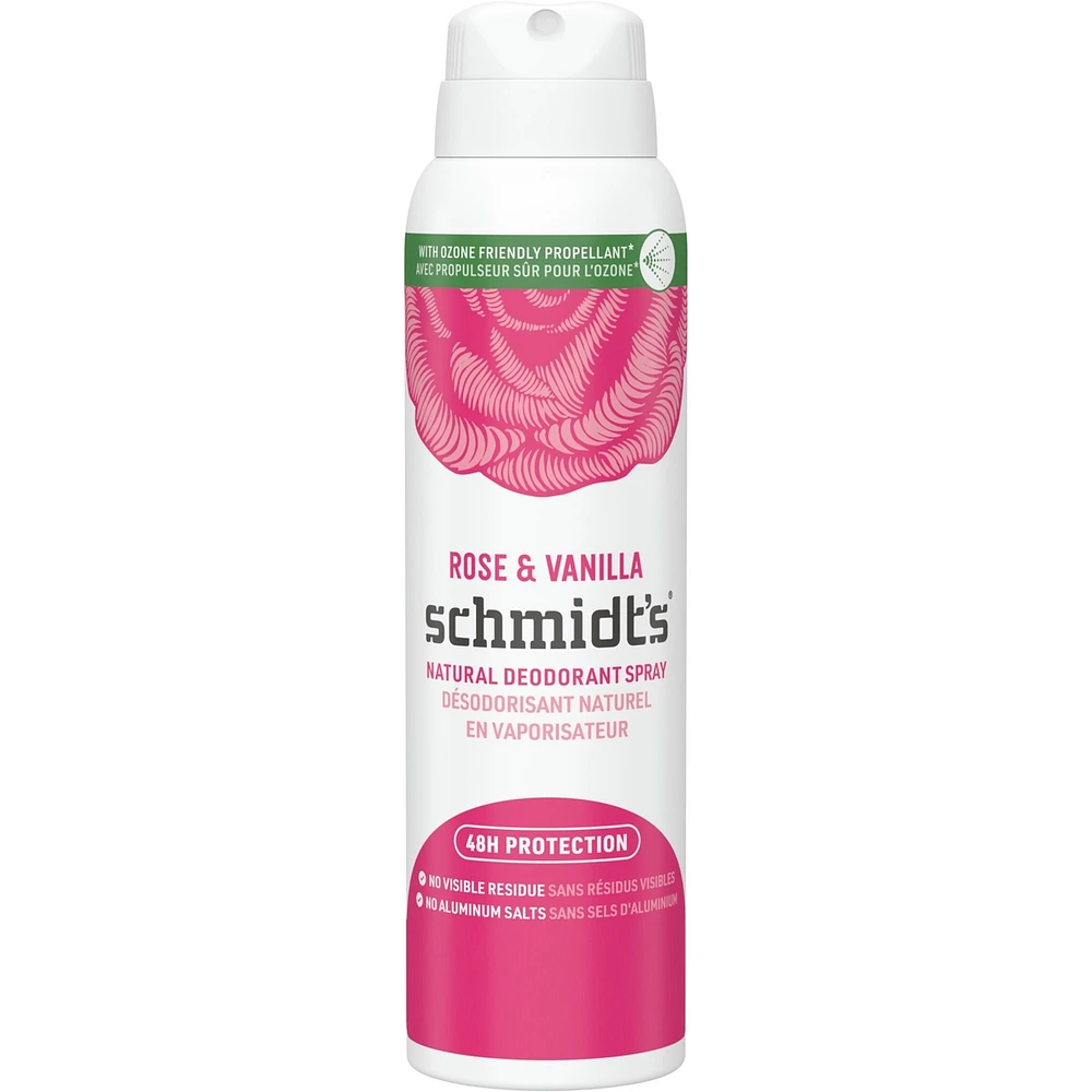 Schmidt's Natural Deodorant Spray for women and men, Rose & Vanilla with 48H odour protection, no aluminum, no white marks, cruelty-free, vegan deodorant 91 g