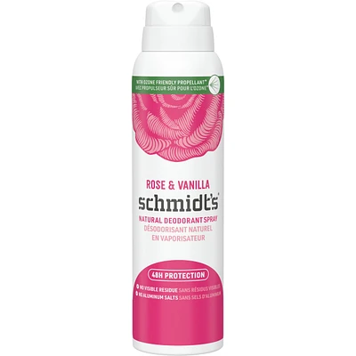Schmidt's  Natural Deodorant Spray for women and men, Rose & Vanilla with 48H odour protection, no aluminum, no white marks, cruelty-free, vegan deodorant 91 g