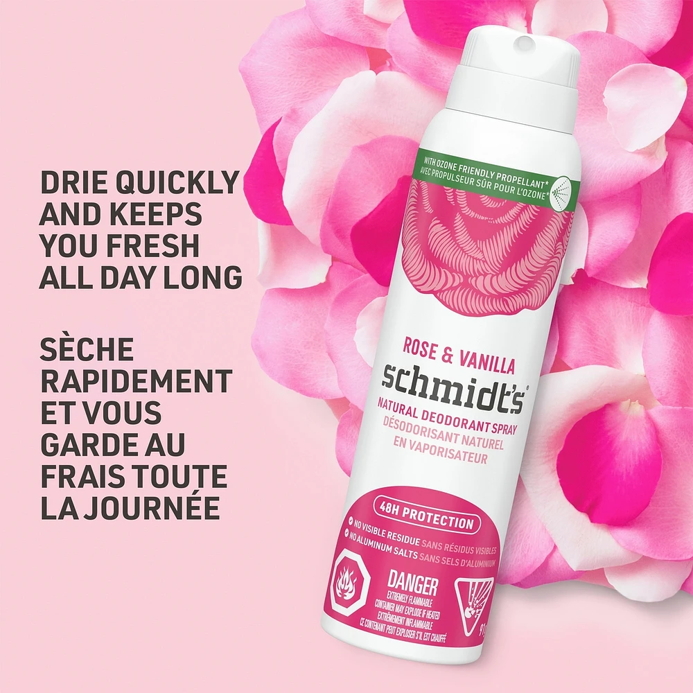 Schmidt's  Natural Deodorant Spray for women and men, Rose & Vanilla with 48H odour protection, no aluminum, no white marks, cruelty-free, vegan deodorant 91 g