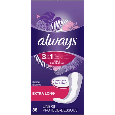 Always 3-in-1 Xtra Protection Daily Liners Extra Long Absorbency, 5x Drier Than Always Thin, 36 Count