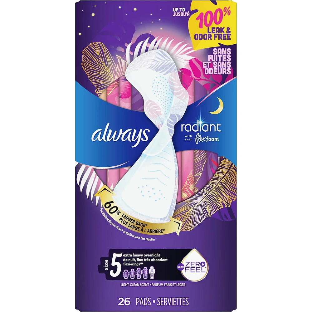 Serviettes Always Radiant FlexFoam avec ailes, taille 5, flux très abondant de nuit, 26u