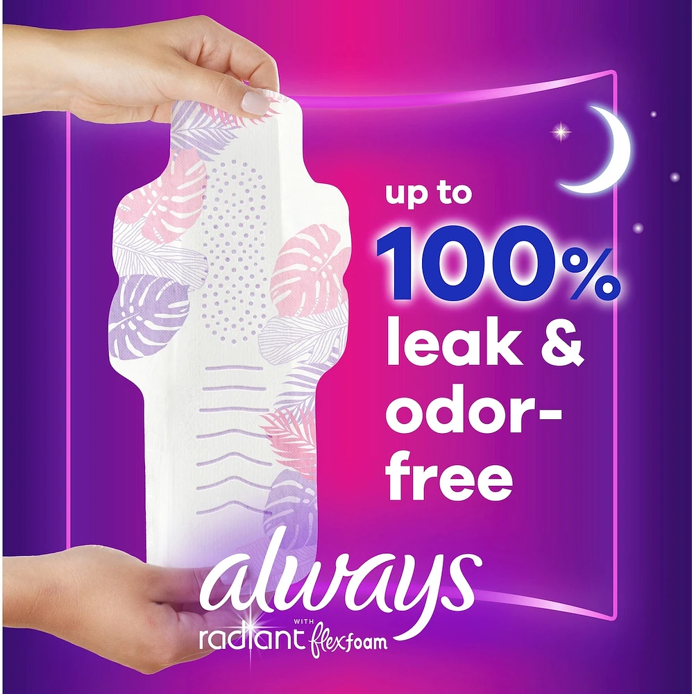 Serviettes Always Radiant FlexFoam avec ailes, taille 5, flux très abondant de nuit, 26u