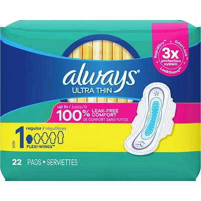 Always Ultra Thin Daytime Pads with Wings, Size 1, Regular, Unscented, 22 Count
