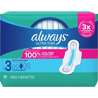 Always Ultra Thin Daytime Pads with Wings, Size 3, Extra Long Super, Unscented, 17 Count