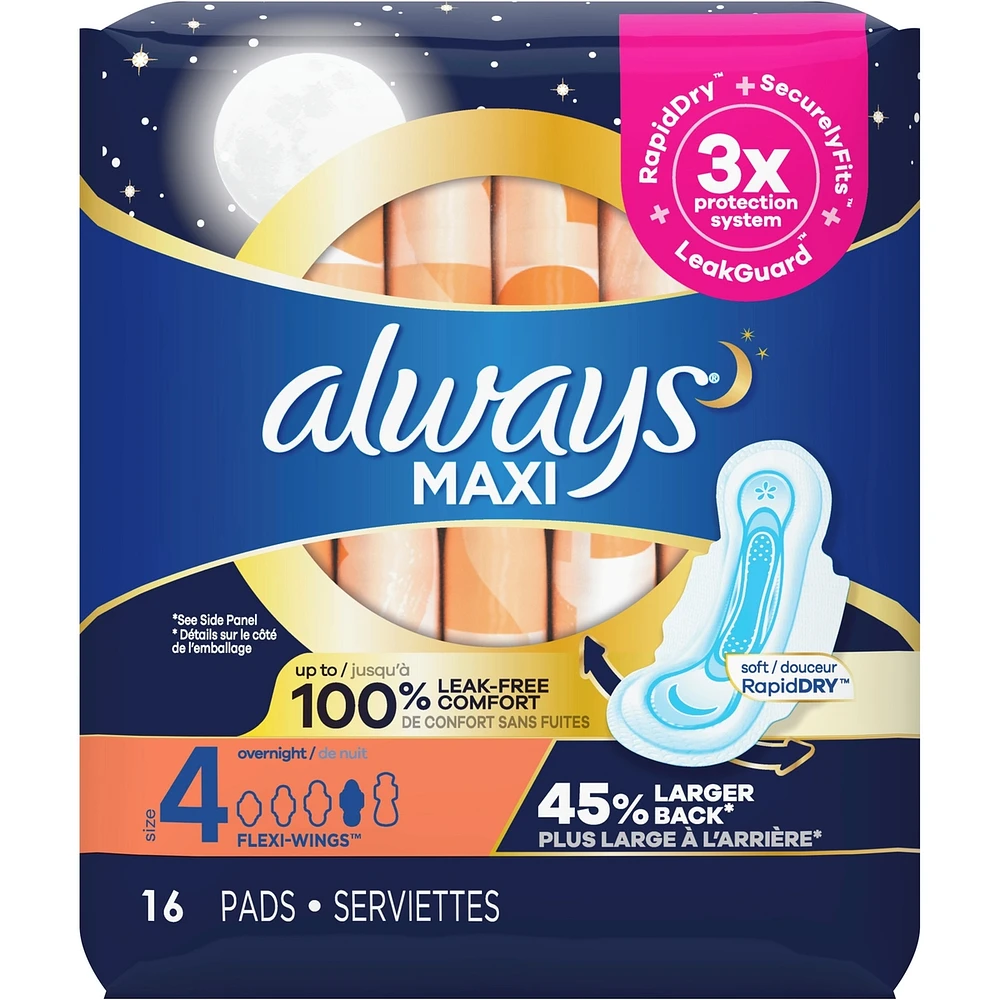 Maxi Overnight Pads with Wings, Size 4, Overnight, Unscented