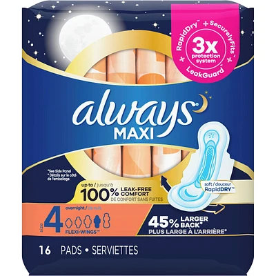 Maxi Overnight Pads with Wings, Size 4, Overnight, Unscented