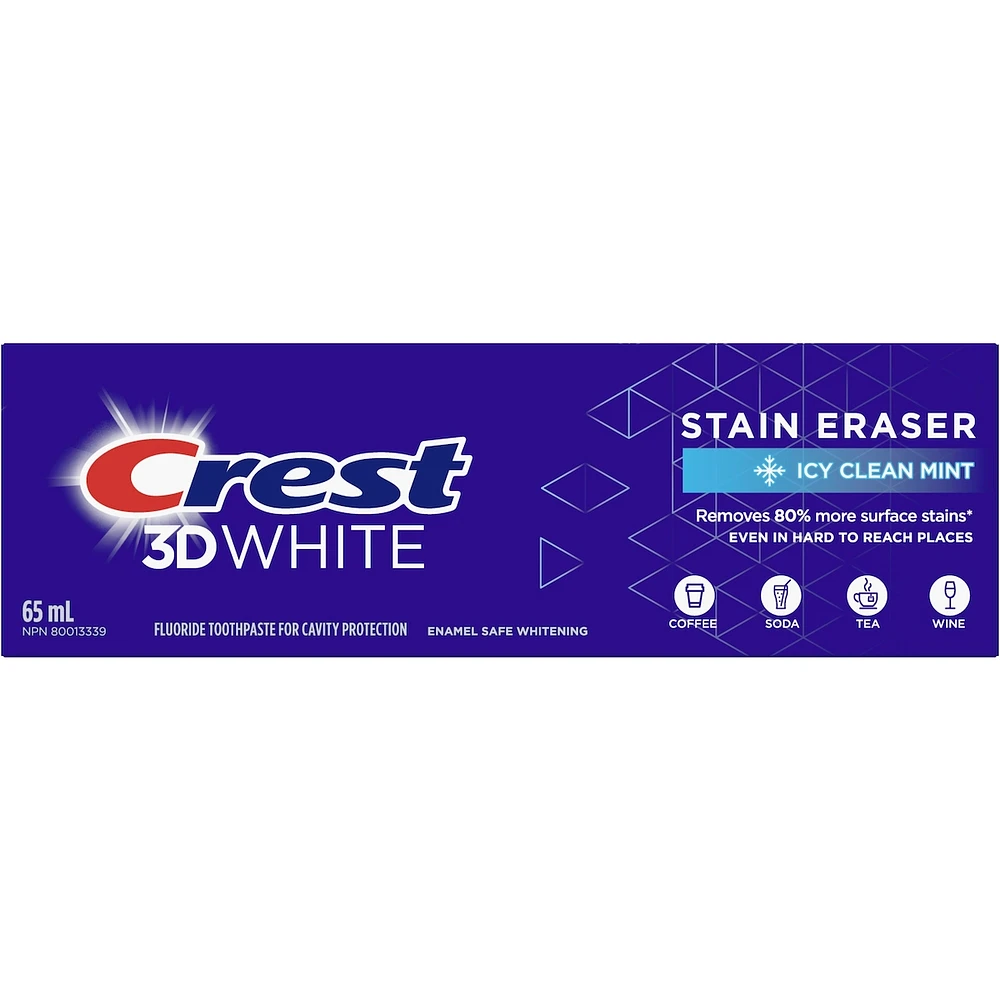 Crest 3D White Stain Eraser Teeth Whitening Toothpaste, Icy Clean Mint, 65 ml