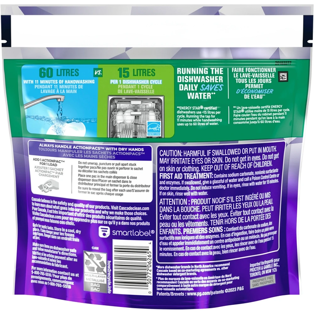 Sachets de détergent pour lave-vaisselle Platinum Plus ActionPacs, Parfum frais, 12 unités
