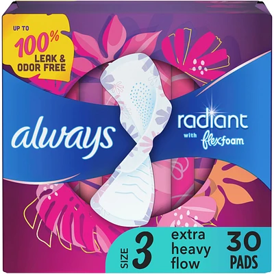 Radiant Feminine Pads for Women, Size 3 Heavy, with Wings, Light Clean Scent