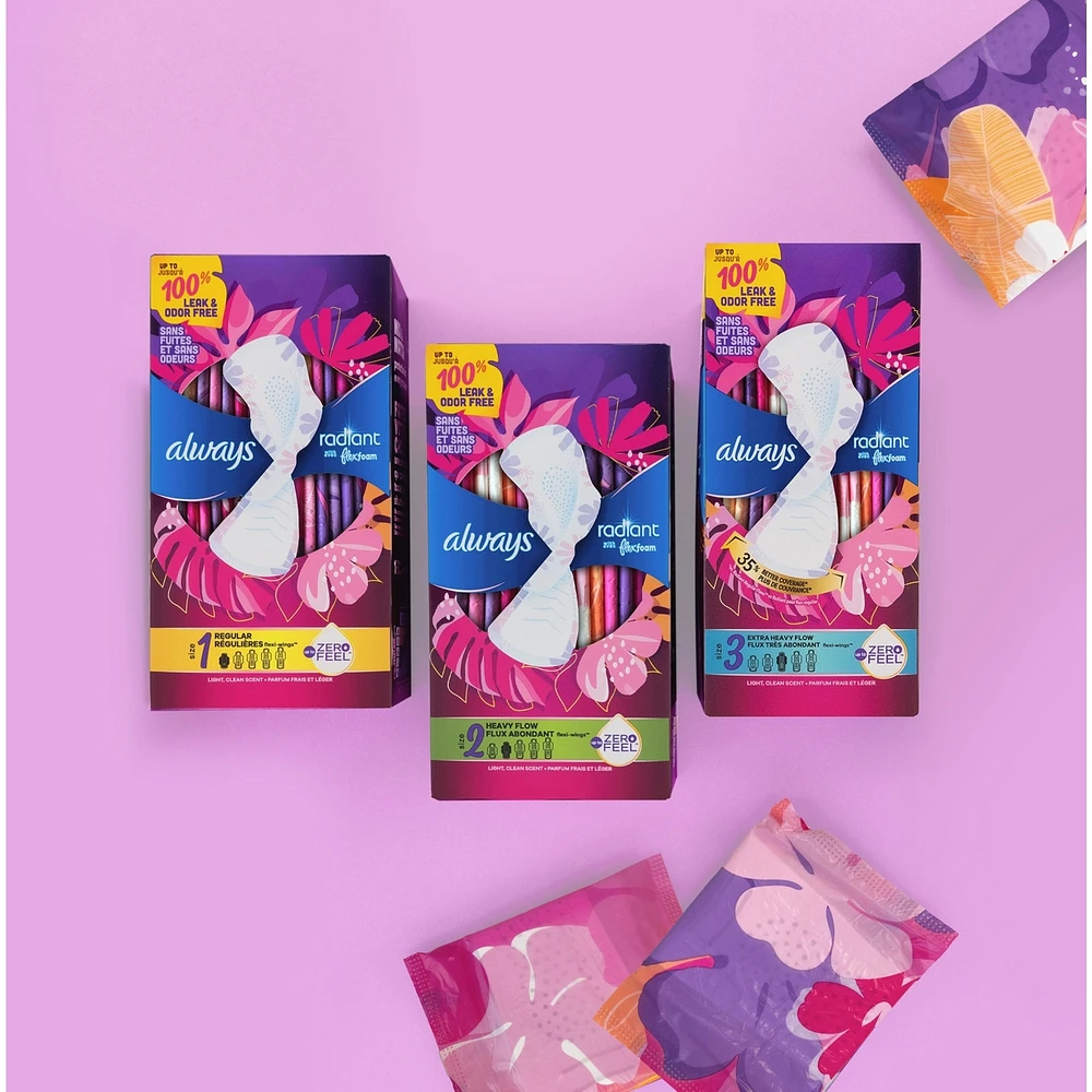 Radiant Feminine Pads for Women, Size 3 Heavy, with Wings, Light Clean Scent