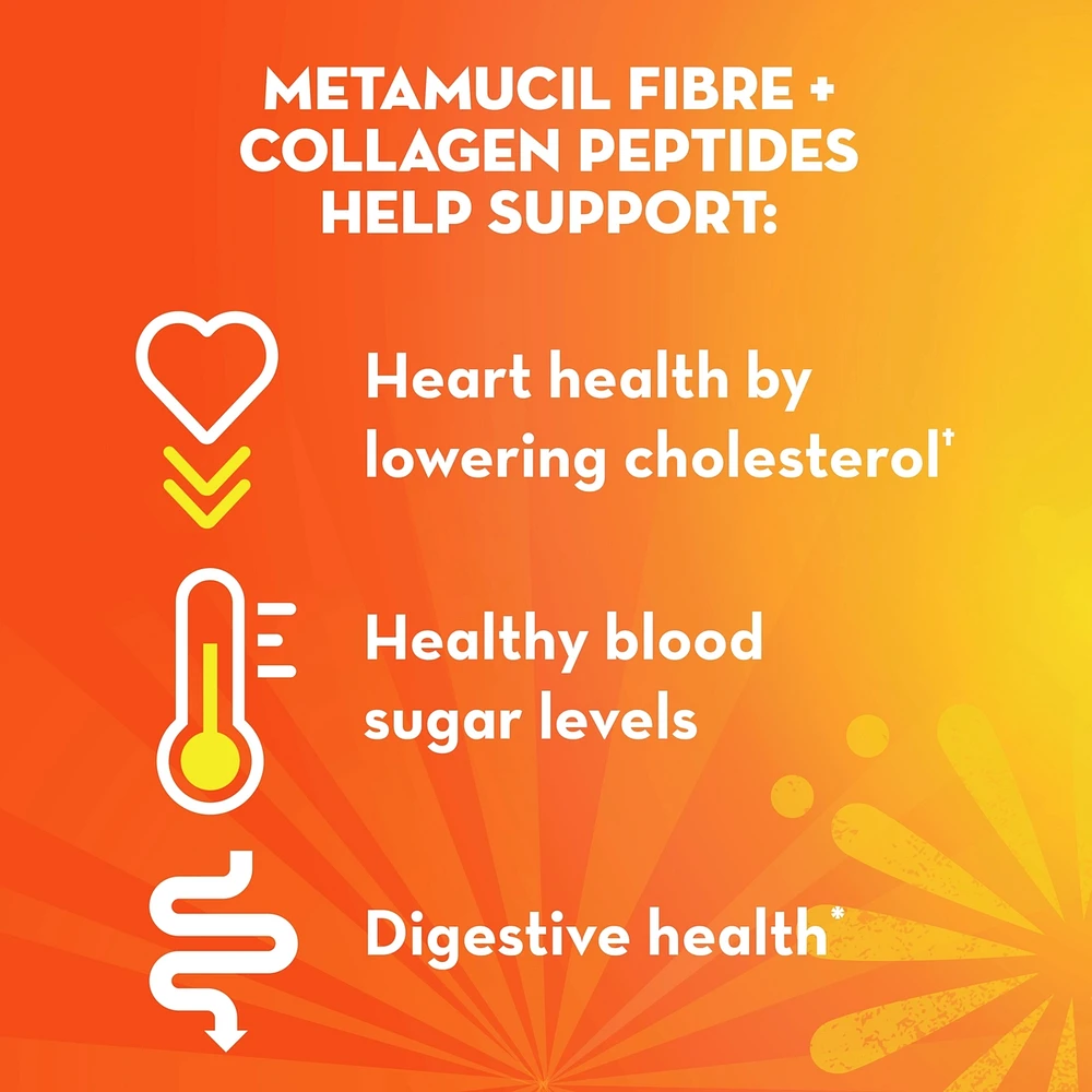 Fibre+ Collagen Peptides, Psyllium Husk Powder, Plant Based Fibre, Sugar-Free with Stevia, Orange Flavoured