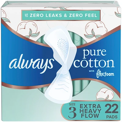 Pure Cotton Feminine Pads for Women, FlexFoam Pads with Wings, Size 3, Extra Heavy Flow Absorbency, Unscented