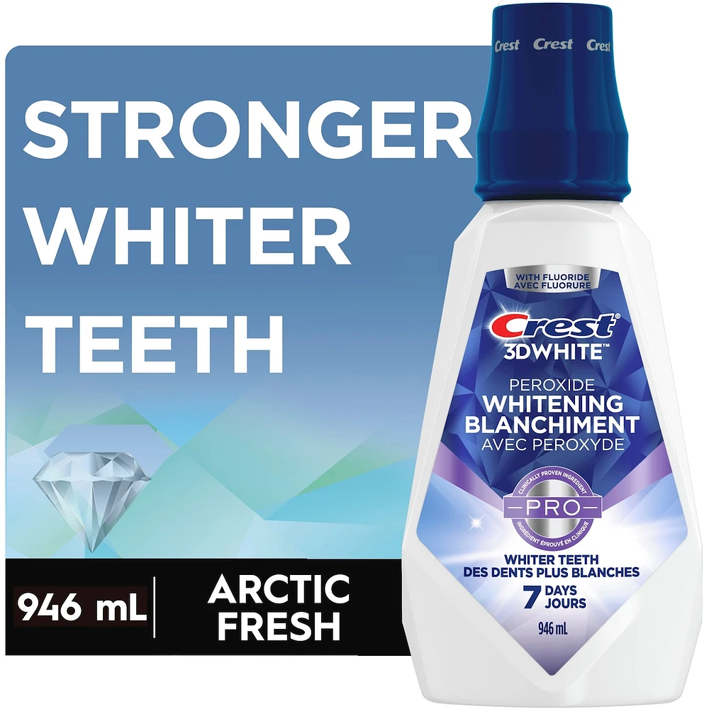 3D White Peroxide Mouthwash/Mouth Rinse, Strengthens Enamel, Whitens Teeth, Prevents Cavities, Alcohol Free, Contains Fluoride, Wintermint Flavor