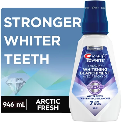 3D White Peroxide Mouthwash/Mouth Rinse, Strengthens Enamel, Whitens Teeth, Prevents Cavities, Alcohol Free, Contains Fluoride, Wintermint Flavor