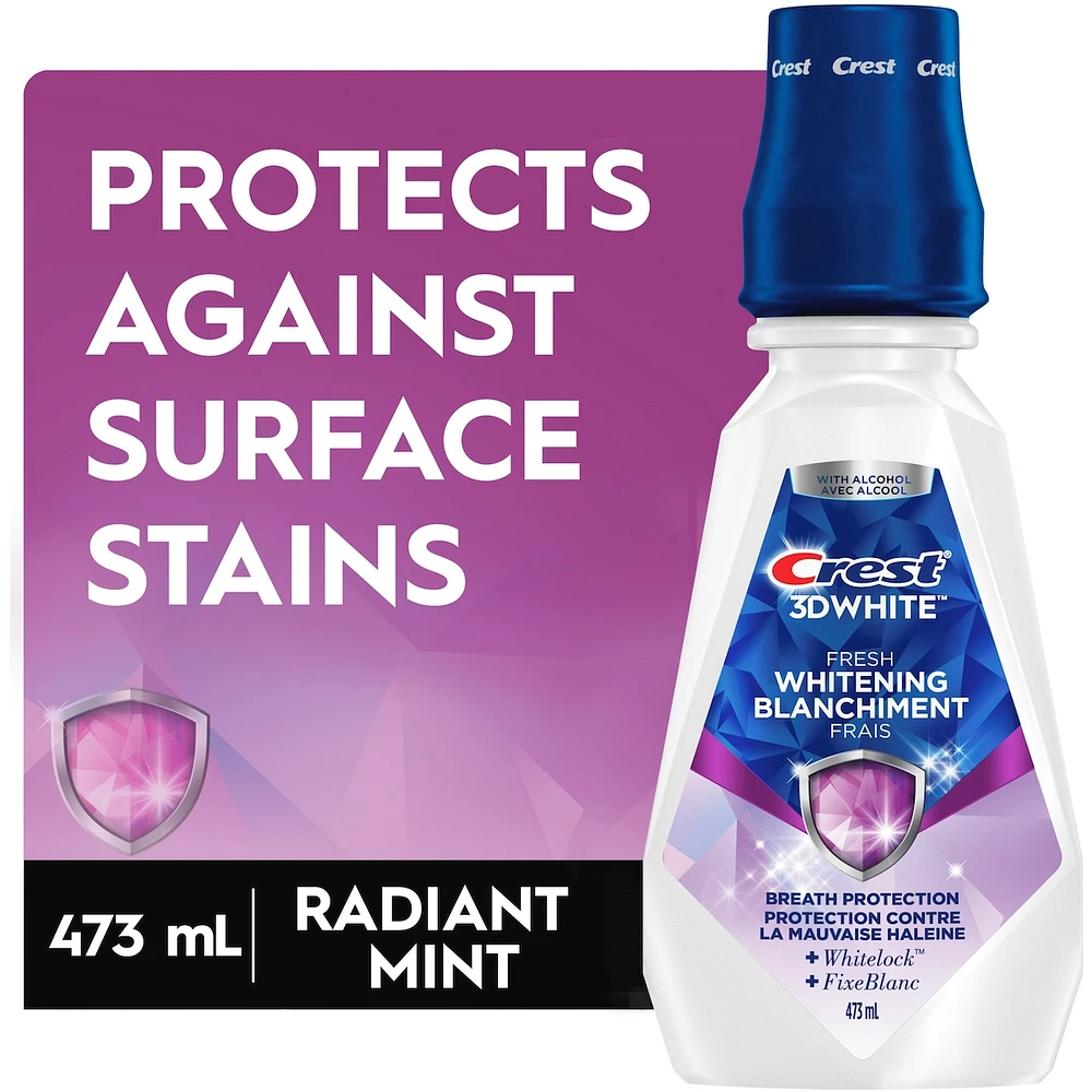 3D White Fresh Whitening Mouthwash/Mouth Rinse, Prevents Surface Stains, Kills Millions of Bad Breath Germs, Alcohol-Free