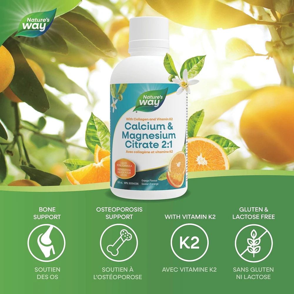 Citrate de calcium et de magnésium 2:1 avec vitamine K2 et collagène, orange