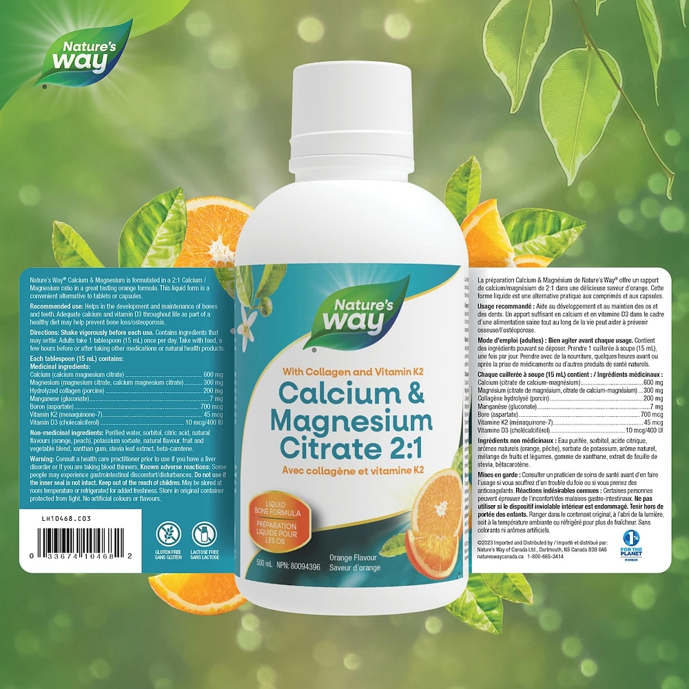 Citrate de calcium et de magnésium 2:1 avec vitamine K2 et collagène, orange
