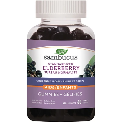 Nature's Way Sambucus Kids Cold and Flu Care, Standardized Elderberry with Vitamin C and Zinc, Immune Support, 60 Gummies