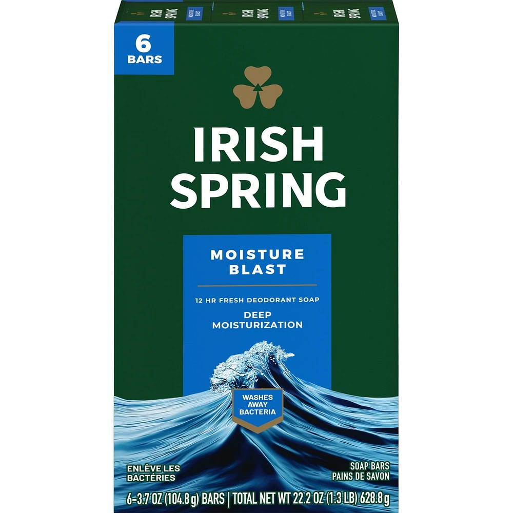 Irish Spring Moisture Blast Deodorant Bar Soap for Men, 104.7 g, 6 Pack