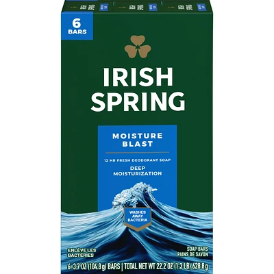 Irish Spring Moisture Blast Deodorant Bar Soap for Men, 104.7 g, 6 Pack