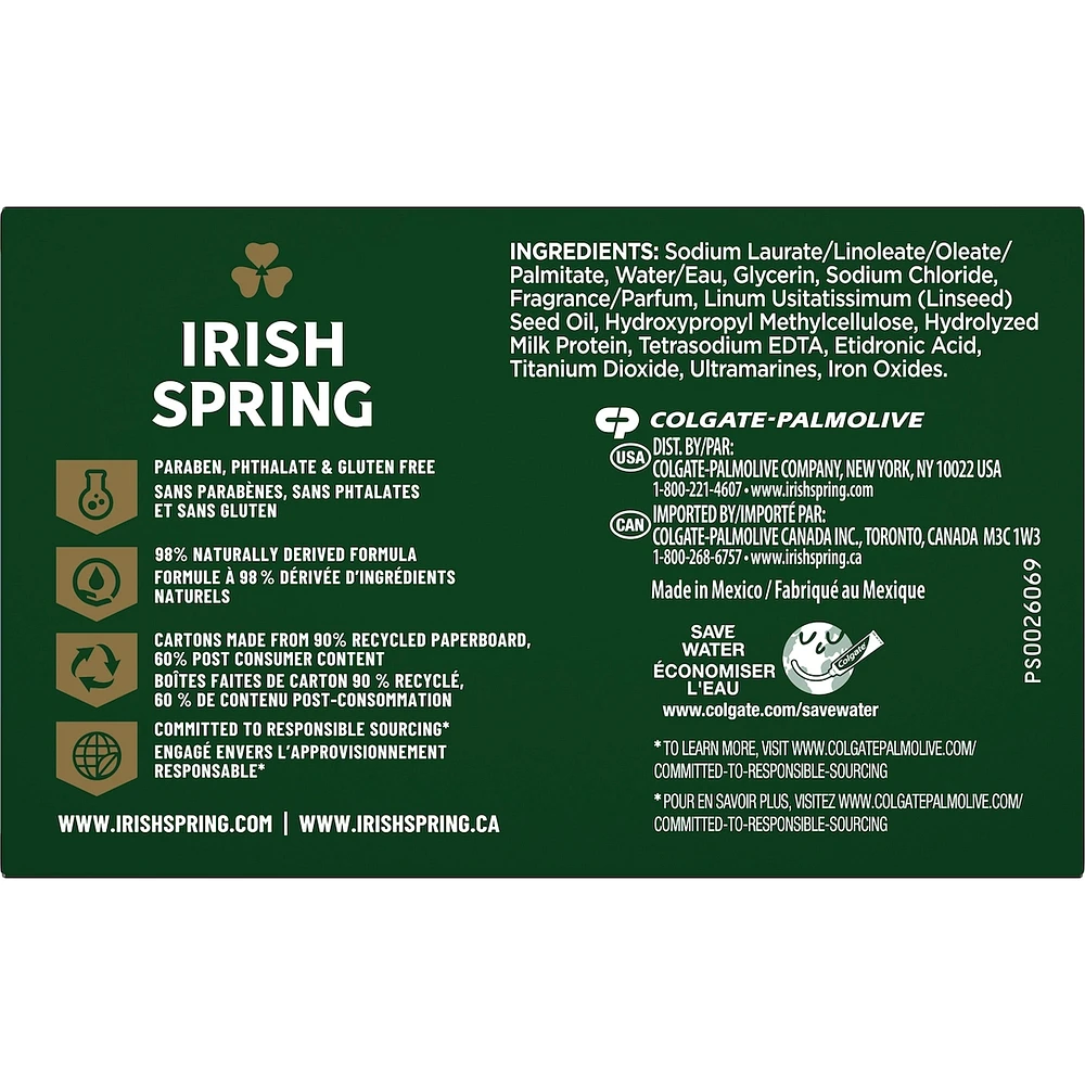 Irish Spring Moisture Blast Deodorant Bar Soap for Men, 104.7 g, 6 Pack