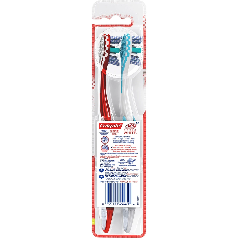 Colgate 360 Optic White Advanced Soft Adult Manual Toothbrush, 2pk