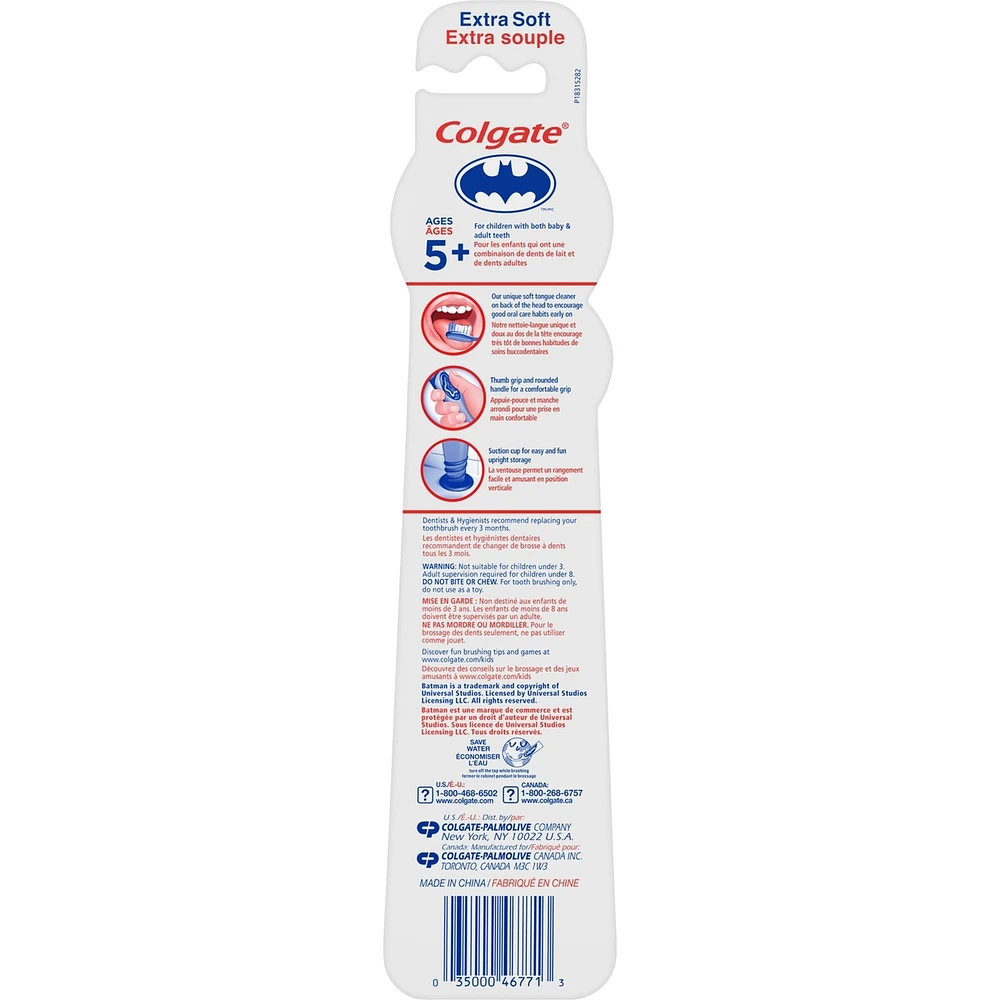 Colgate Kids Extra Soft Toothbrush with Suction Cup, Twin Pack - Batman