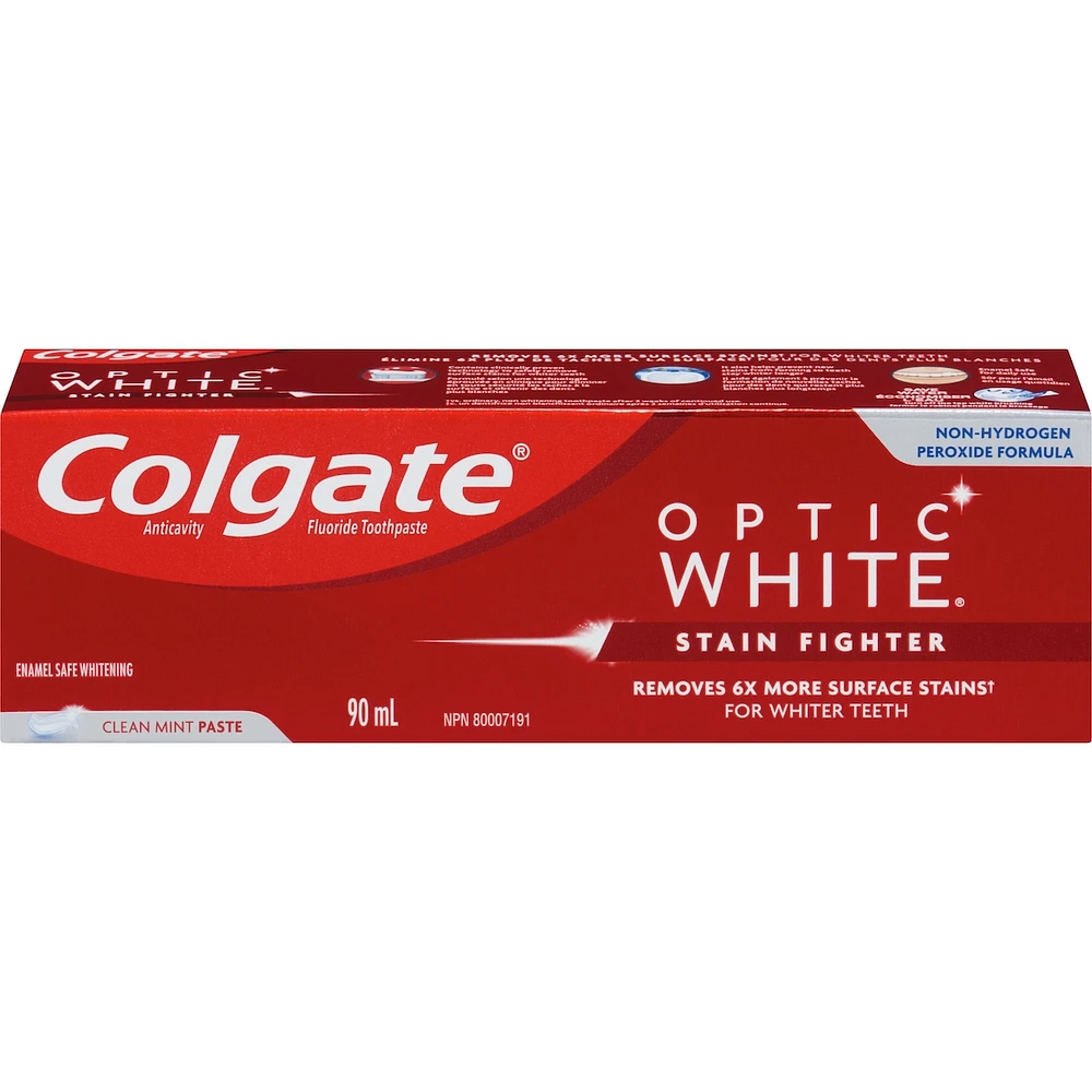 Colgate Optic White Stain Fighter Teeth Whitening Toothpaste, Clean Mint Paste 90 mL