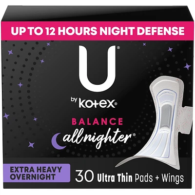 U by Kotex Balance Ultra Thin Overnight Pads with Wings, Extra Heavy Absorbency