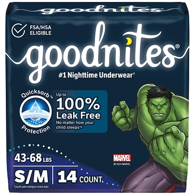 Boys' Nighttime Bedwetting Underwear, Size S/M (43-68 lbs)