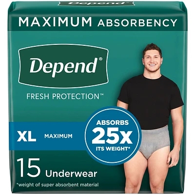 Fresh Protection Adult Incontinence Underwear for Men, Disposable, Maximum, Extra-Large, Grey, 15 Count