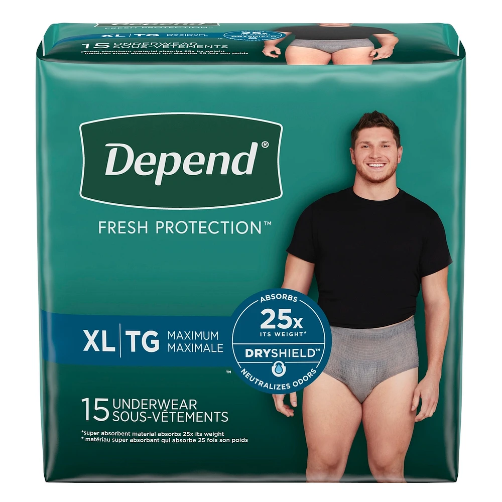 Fresh Protection Adult Incontinence Underwear for Men, Disposable, Maximum, Extra-Large, Grey, 15 Count