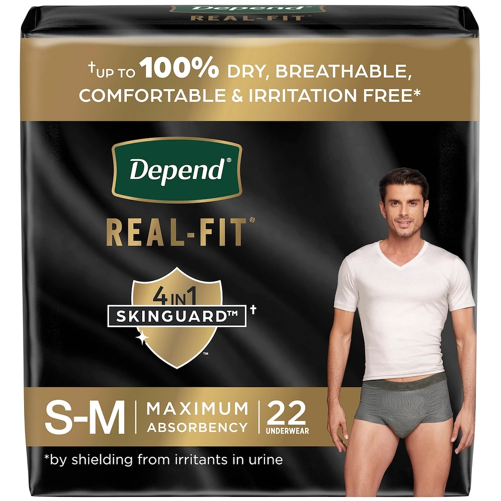 Depend Real Fit Incontinence Underwear for Men, Disposable, Maximum Absorbency, Small/Medium, Grey