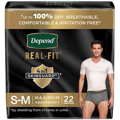 Depend Real Fit Incontinence Underwear for Men, Disposable, Maximum Absorbency, Small/Medium, Grey