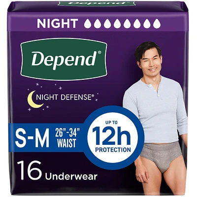Depend Night Defense Incontinence Underwear for Men, Overnight, Size S/M, 16 Count