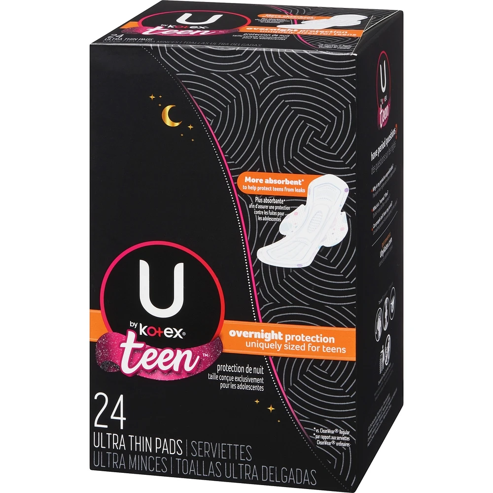 Teen Ultra Thin Feminine Pads with Wings, Overnight, 24 ct