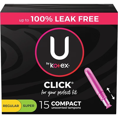 U by Kotex Click Compact Multipack Tampons, Regular/Super, Unscented, 15 Count